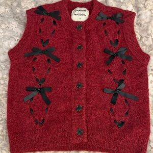 Damson Madder Women's Red Button-Up Knit Vest with Ribbon Detail